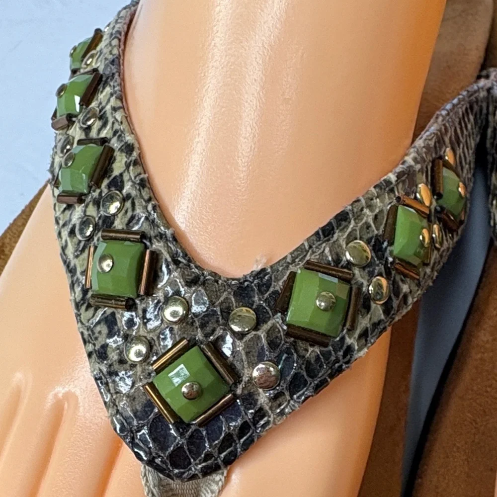 Vionic Floriana Bead Reptile and Embellished Thong Olive Sandals